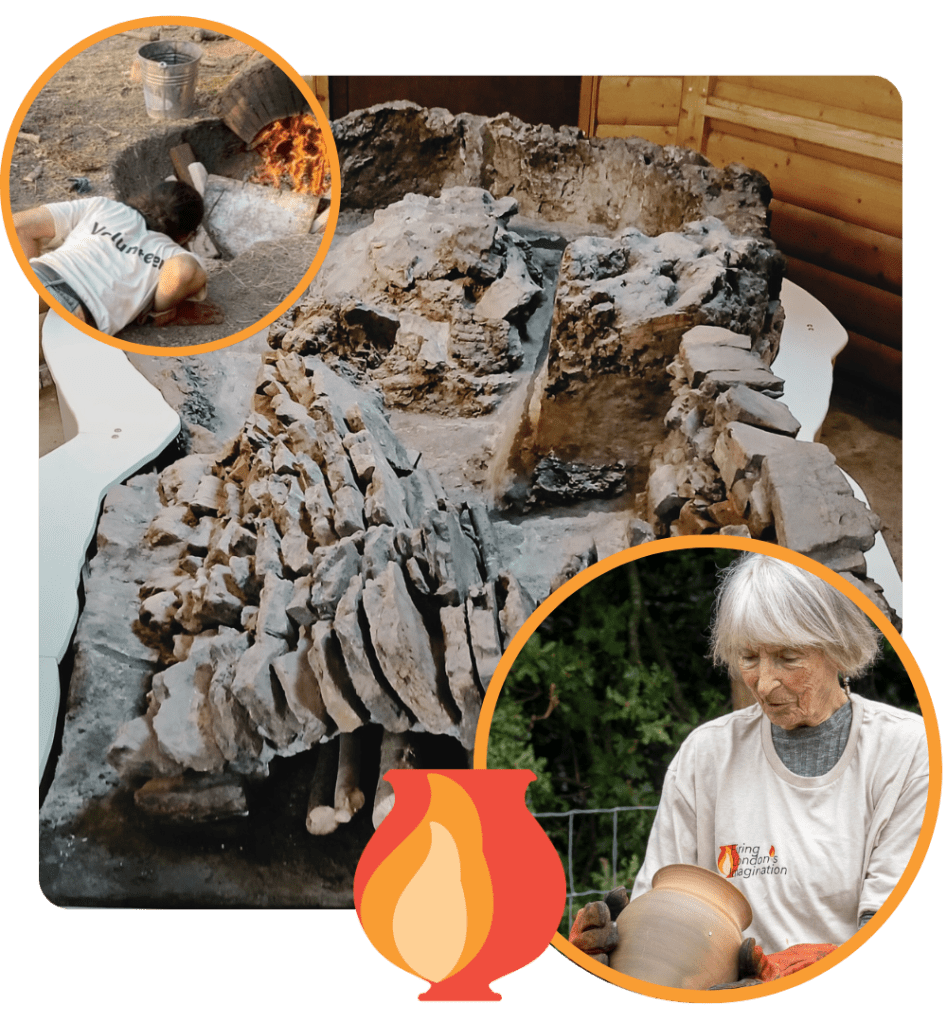The Roman kiln on display, plus imags of the replica kiln firing